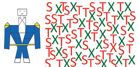 Due test di percezione usati da Isabelle Soulières. Nel primo, l'obbiettivo è trovare nel disegno delle forme che sembrano una casa. Nel secondo, l'allievo deve trovare il piu' rapidamente possibile la X rossa.